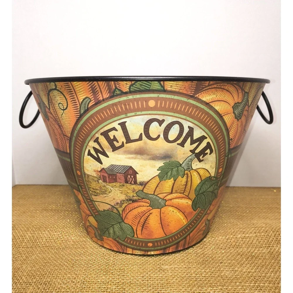 Metal Bucket Welcome Pumpkin‎ Harvest Thanksgiving Fall Decor Centerpiece